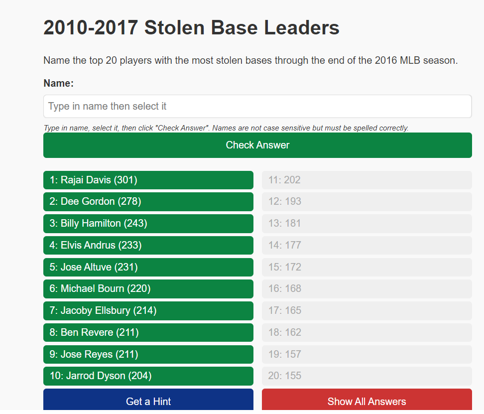 Baseball Trivia HQ Stolen Bases 2010 2017