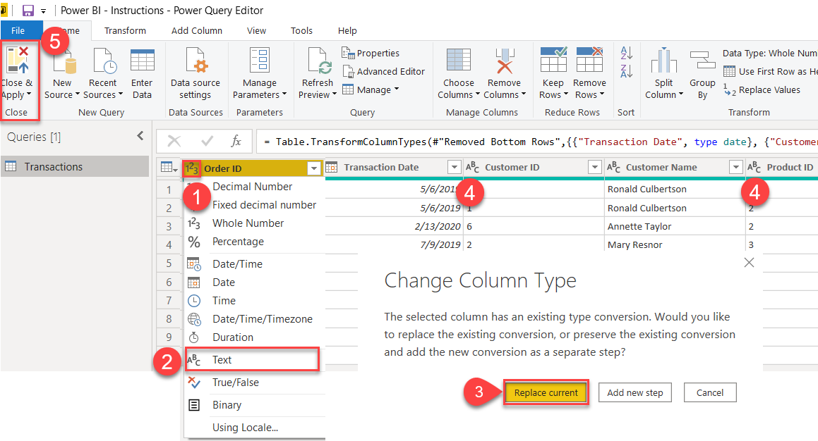 Change Order ID from Numberic to Text in Power Query Editor