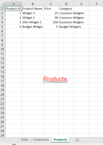 Excel Products Table